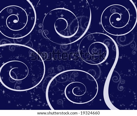 Blue swirls and glitter on a navy background.