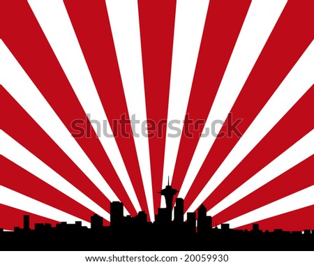 Black skyline of Seattle silhouette on a red and white background