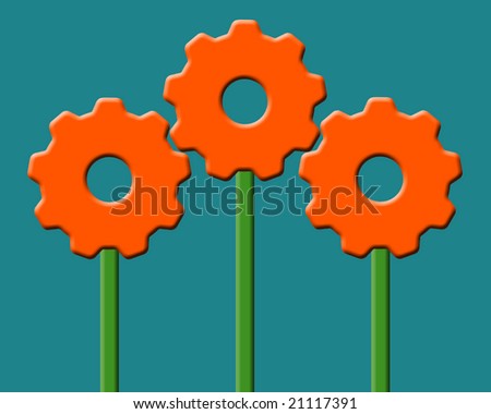 Three orange flowers made of gears on a turquoise background