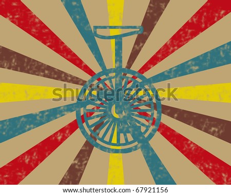 Vintage circus background with unicycle in tan, brown, red, teal and yellow.