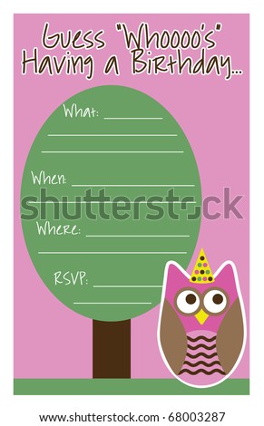 Owl themed girl birthday party invite in pink, brown and green.