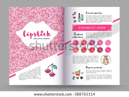 Beauty makeup and lipstick fasion collection brochure A4. The concept of the printing template, directory covers, flyers and web banners on the theme of beauty, cosmetics makeup. Vector illustration