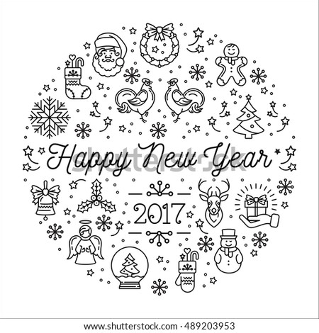 Happy New Year 2017 design template, Vector trend circle composition. Creative Christmas collage, Elegant minimal design, thin line art style. Vector Minimalistic Holiday greeting card, flyer, banner