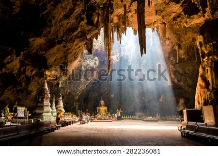 Phetchaburi, Thailand - April 26 2015: Tham khao luang cave temple is very beautiful temple inside of the cave. The sunshine penetrates from the top make inside even more beautiful.