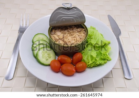 Canned tuna served on dish with salad for the concept of quick meal or healthy food (omega-3)
