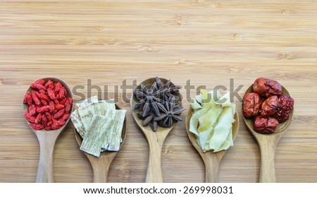 Essential chinese herbal ingredients for cooking chinese soup. From left: Chinese Wolf-berries (Gou Ji Zi),  Astragalus root (Huang Qi), Star anise, Solomon Rhizome (Yu Zhu Pian), Red dates (Hong Zao)