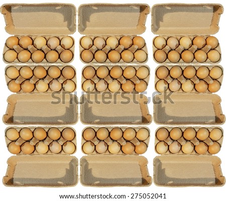 Nine carton packages, brown eggs in a carton package isolatede on white