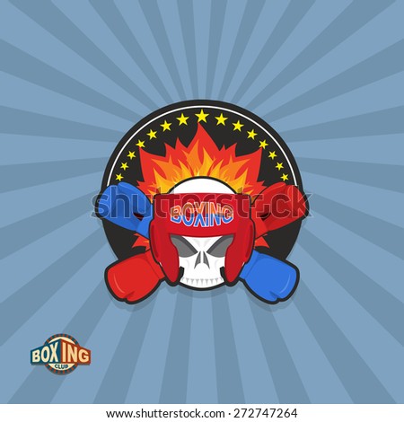 Sports shield emblem. Boxing logo skull. Logotype  boxing Club. Skull in boxing gloves and helmet, with fire
