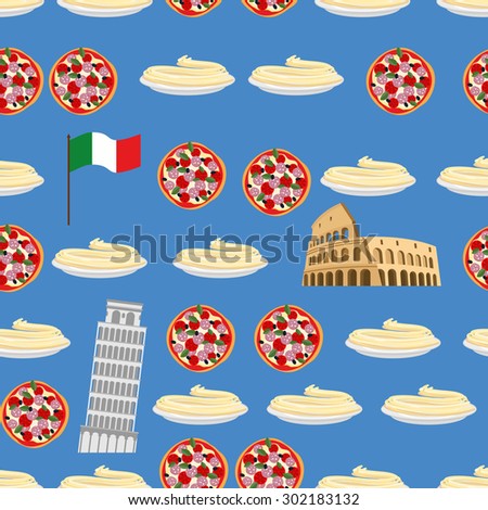 Italy seamless pattern. Sightseeing: leaning tower of Pisa, Colosseum, and national food: pizza and pasta. Vector background of Symbols of country. Flag of Italy.