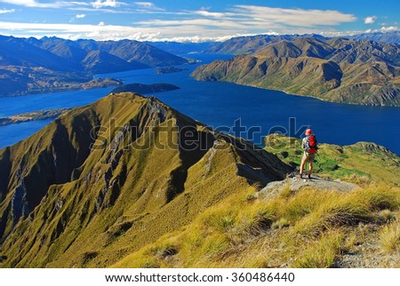 Climber on the Wanaka lake, Mount Aspiring National Park, Otago Region, South Island, New Zealand
