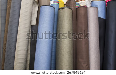 Material colorful fabric rolls - focus on front fabric