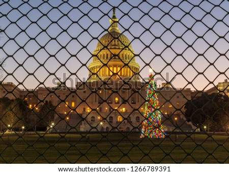 Sunrise over the United States Capitol Building and the Capitol Christmas Tree, now fenced off from the public during the government shutdown.