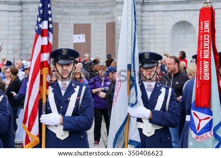 Arlington, VA - December 12 2015: Two honor guard cadets of the United States Air Force Auxiliary Civil Air Patrol stand at attention at Arlington National Cemetery
