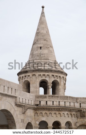 Fishermen\'s Bastion in Budapest, Hungary The Fishermen\'s Bastion\'s seven towers represent the seven Magyar tribes that settled the Carpathian Basin 896 A.D which holds modern day Hungary.