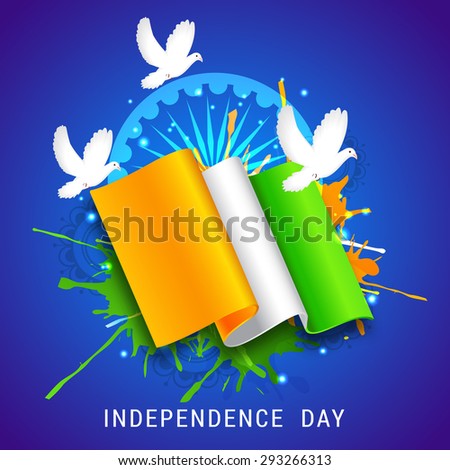Vector illustration Indian Independence Day celebrations greeting card  of India with ashoka wheel on blue background.