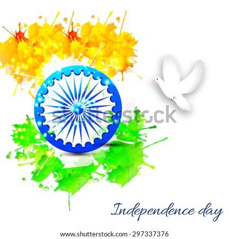 Vector illustration Indian Independence Day celebrations greeting card of India with ashoka wheel and pigeon.