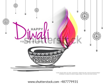 A beautiful card with line art decorated floral diya background of indian festival for diwali celebration.