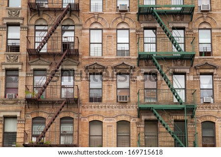 The typical old houses with fire stairs in New York in USA