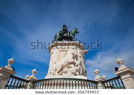 LISBON,PORTUGAL - JULY 6,2014: Bronze statue of King Jose I from 1775 on the Commerce Square, Lisbon, Portugal.
