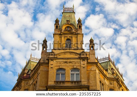 Prague,Czech Republic-August 20,2014: Renovated historic house in the street with luxury shops in the city center.