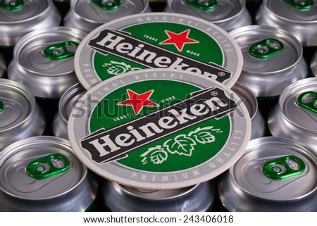 Czech Republic, Brno - January 5,2015: Pattern from much of drinking cans of beer and Heinekem beermats.Heineken Lager Beer,it was first brewed by Gerard Adriaan Heineken in 1873