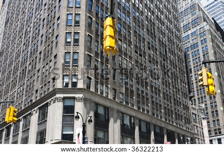 Traffic lights and modern building in New York