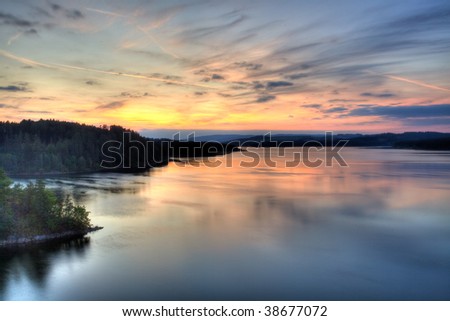 Autumn lakeside sunrise view