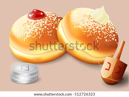 Vector illustration of jewish holiday Hanukkah with traditional donuts and wooden spinning top and coins.