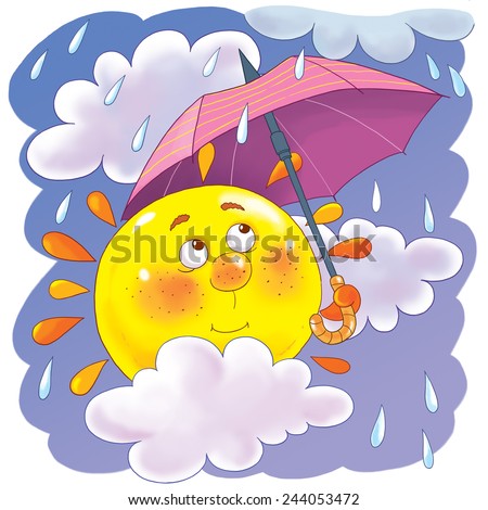 Illustration for children. Rainy weather. Sun with an umbrella