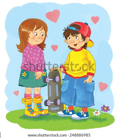 Cute boy and girl talking to each other. First love. Greeting card