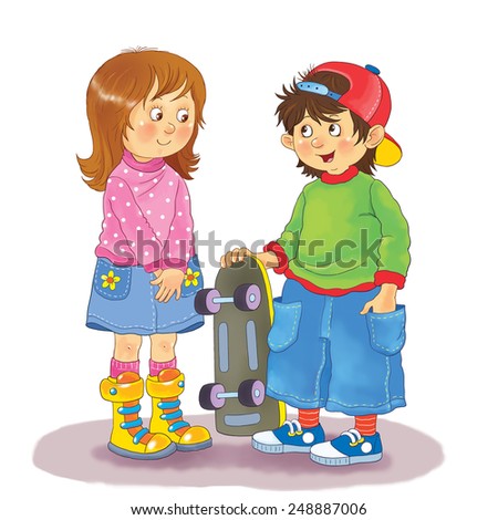 Cute boy and girl talking to each other. First love. Greeting card. White background