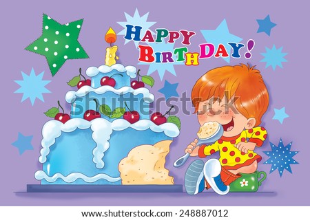 A baby boy, sitting on the pot, eating his birthday cake with one candle.. First birthday. Greeting card. Illustration for children