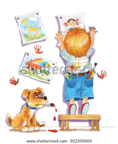 a cute  boy hanging his drawings on the wall. a little artist and his dog with a brush in its mouth. Illustration for children. A kid and his pet. Greeting card. White background