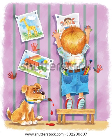 a cute  boy hanging his drawings on the wall. a little artist and his dog with a brush in its mouth. Illustration for children. A kid and his pet. greeting card.