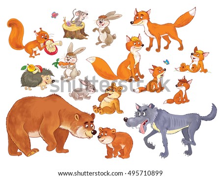 At the zoo. Set of cute funny woodland animals. Mother bear with her babies, wolf, family of cute foxes,  hares, squirrel, mouse, hedgehog, snail, butterfly. Illustration for children. Coloring page