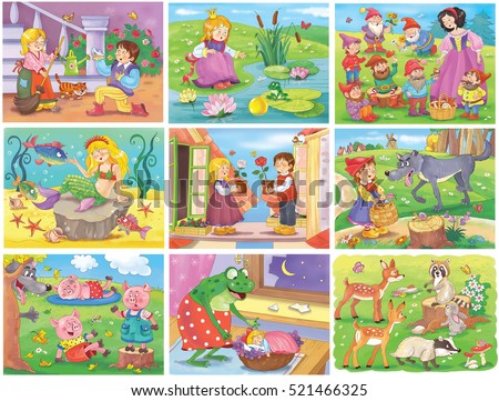 Set of fairy tale pictures. Cinderella. Frog prince. Snow White and seven dwarfs. Mermaid. Snow Queen. Little Red Riding Hood. Three little pigs and wolf. Thumbelina. Cute woodland animals. Poster.