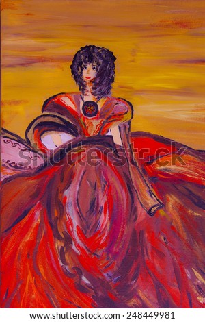 Original watercolor painting of woman in red waving dress dancing with flying fabric.