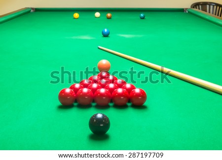 Opening Frame of Snooker Game with Cue from Back
