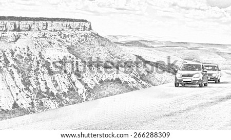 Travel by cars idea: driving a car on a mountain road on a background of mountains, pencil drawing