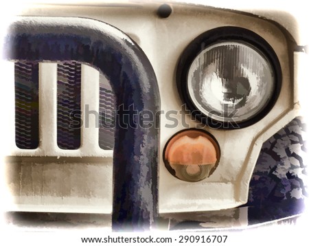 Abstract offroad car in the rain. Watercolor.