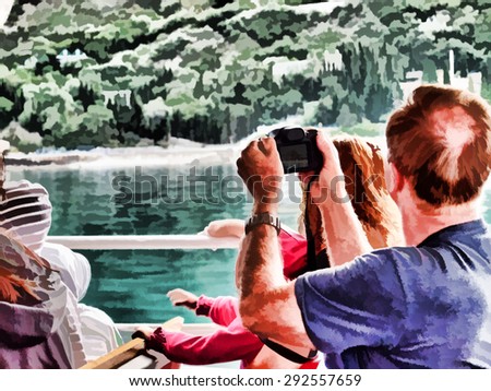 Tourist with the family on a yacht photographed jungle on exotic island in the ocean. Oil painting.