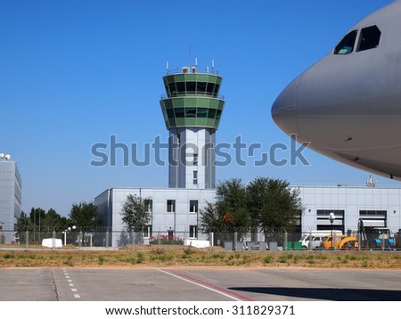 Air control tower in the airport of Simferopol morning light.