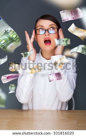 Collage with happy business woman under money rain
