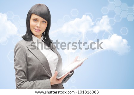 Cloud computing concept and business network. Businesswoman works with cloud computer