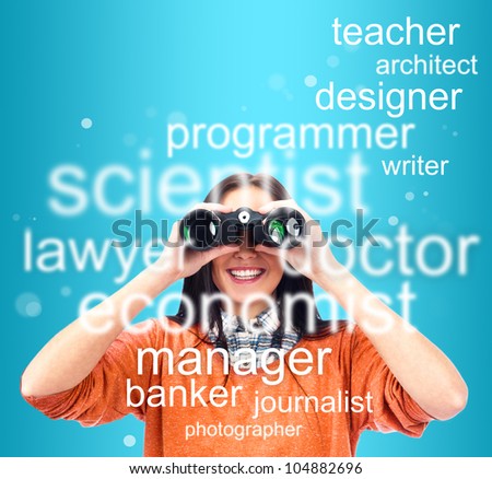 Woman looking through binoculars for specialty to study or job. People at job market concept