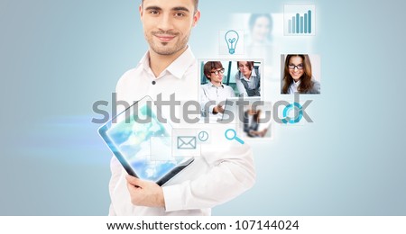 Adult businessman using his tablet computer to communicate his team. Virtual meeting technology for global business concept
