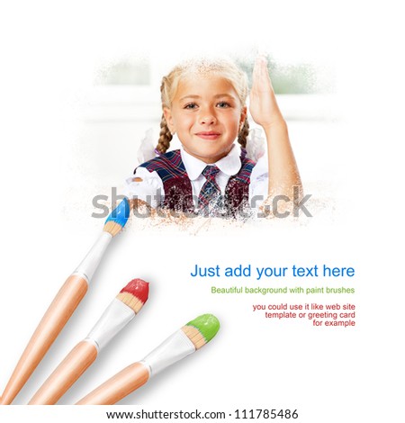 White background with three paintbrushes painting portrait of happy little girl educating in classroom