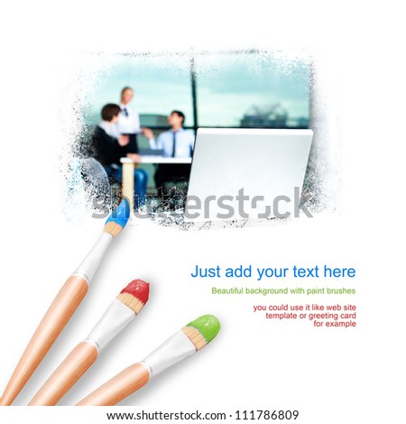 White background with three paintbrushes painting portrait of successful business people