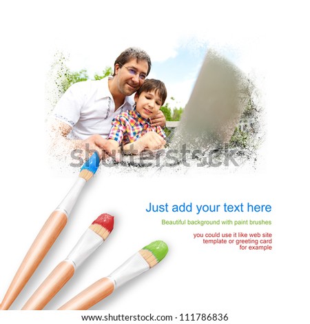 White background with three paintbrushes painting portrait of father and his son