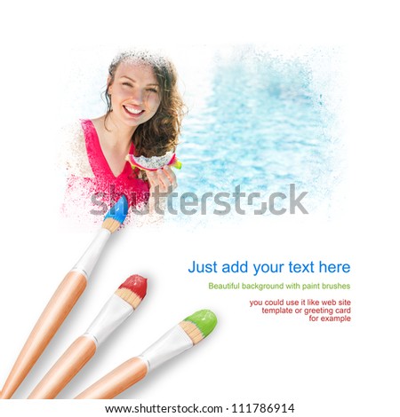 White background with three paintbrushes painting portrait of beautiful young woman tanning near swimming pool